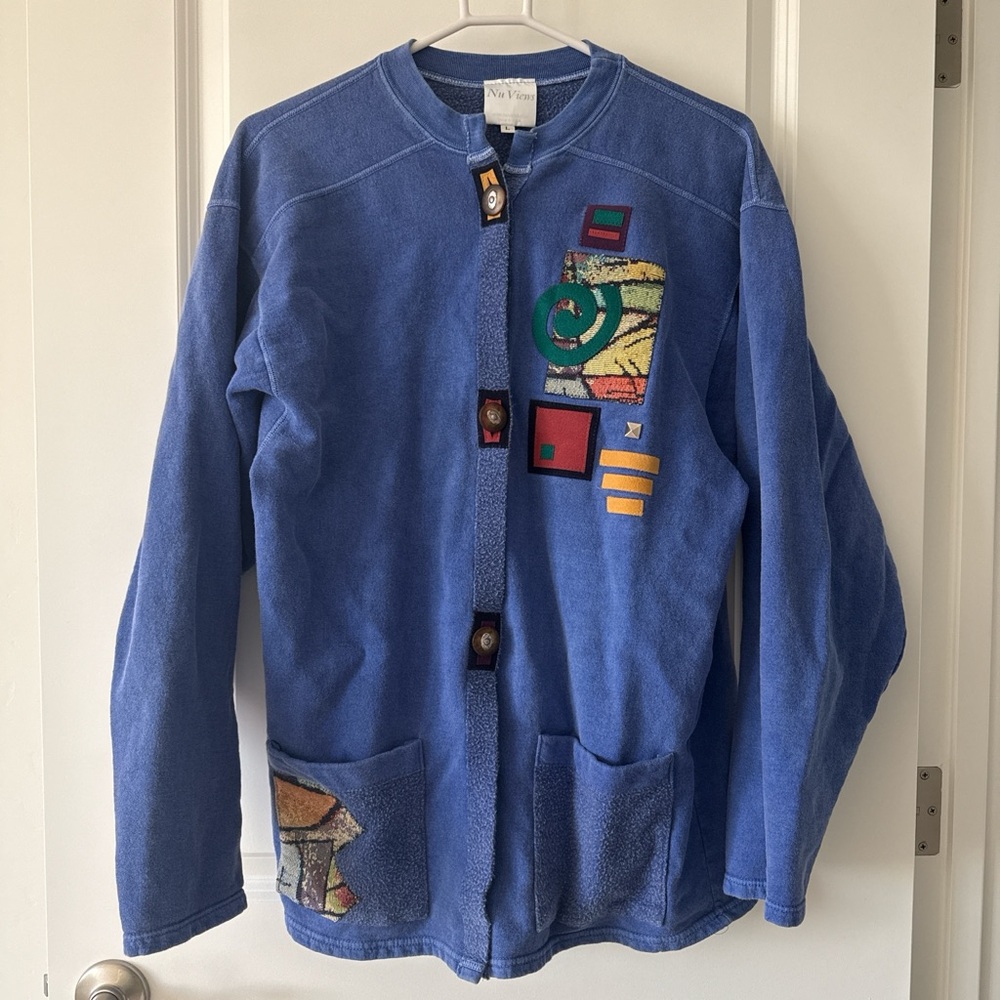 Blue Fleece Jacket with Geometric Appliqué